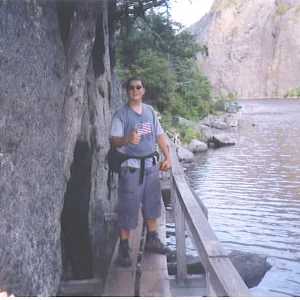 Justin on the "Hitch-up Matilda" boardwalk.